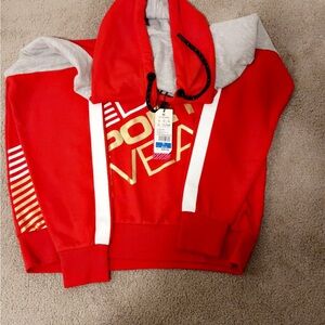 Superdry Red Hoodie with Gold and White Accents